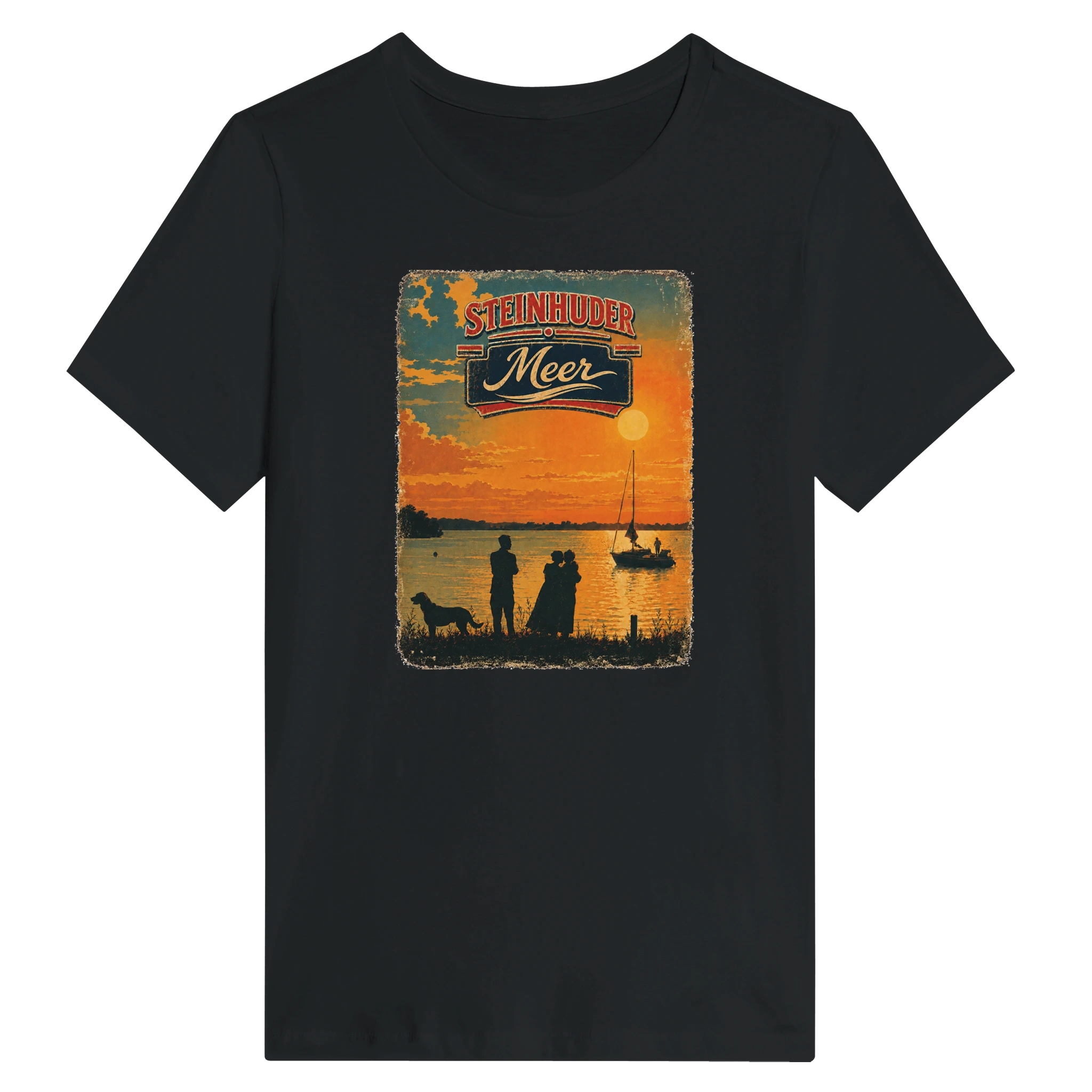 Damen-T-Shirt in Zitronengelb mit Motiv „Familie am Steinhuder Meer beim Sunset“