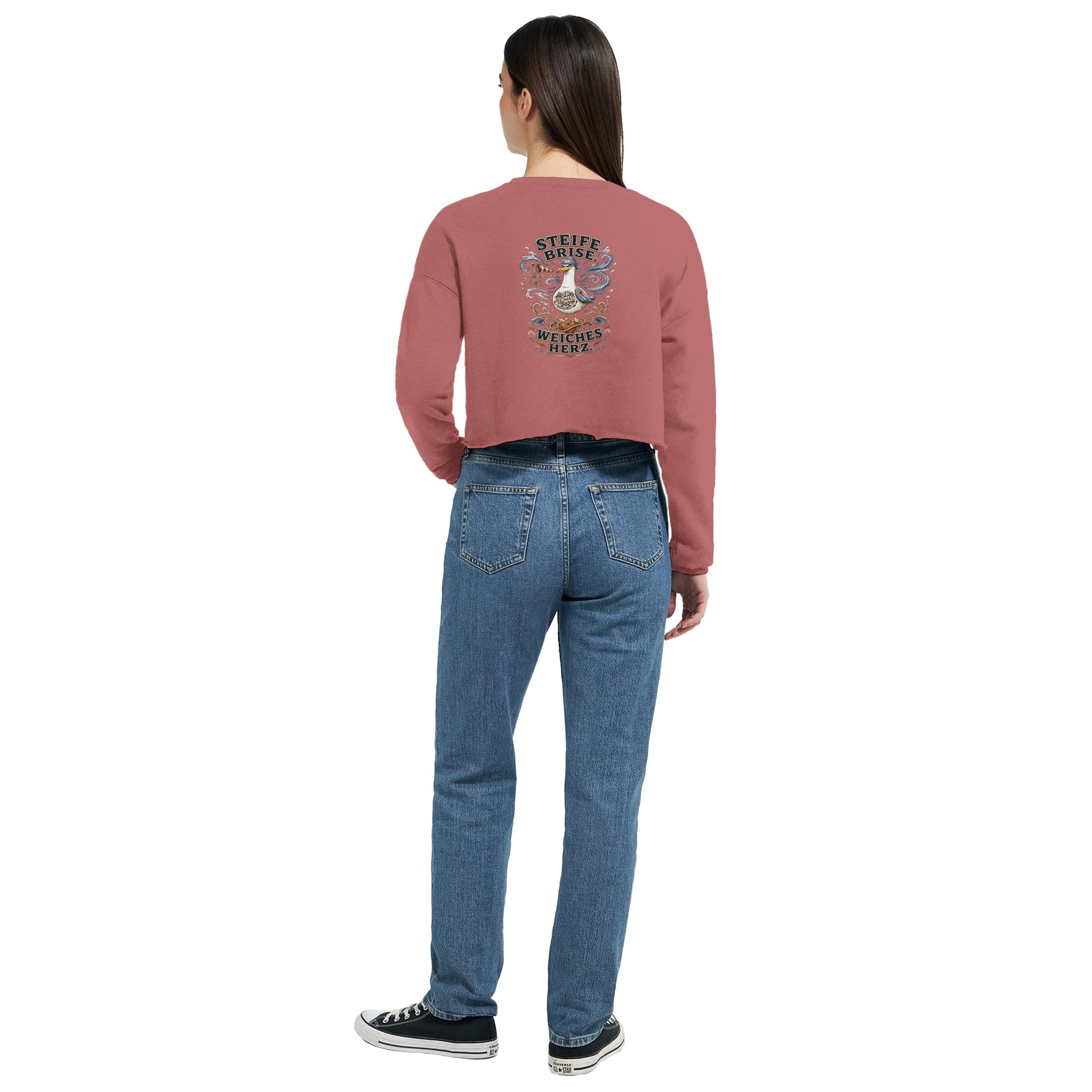 Damen-Pullover in Dunkelgrau meliert mit Motiv „Steife Brise. Weiches Herz.“