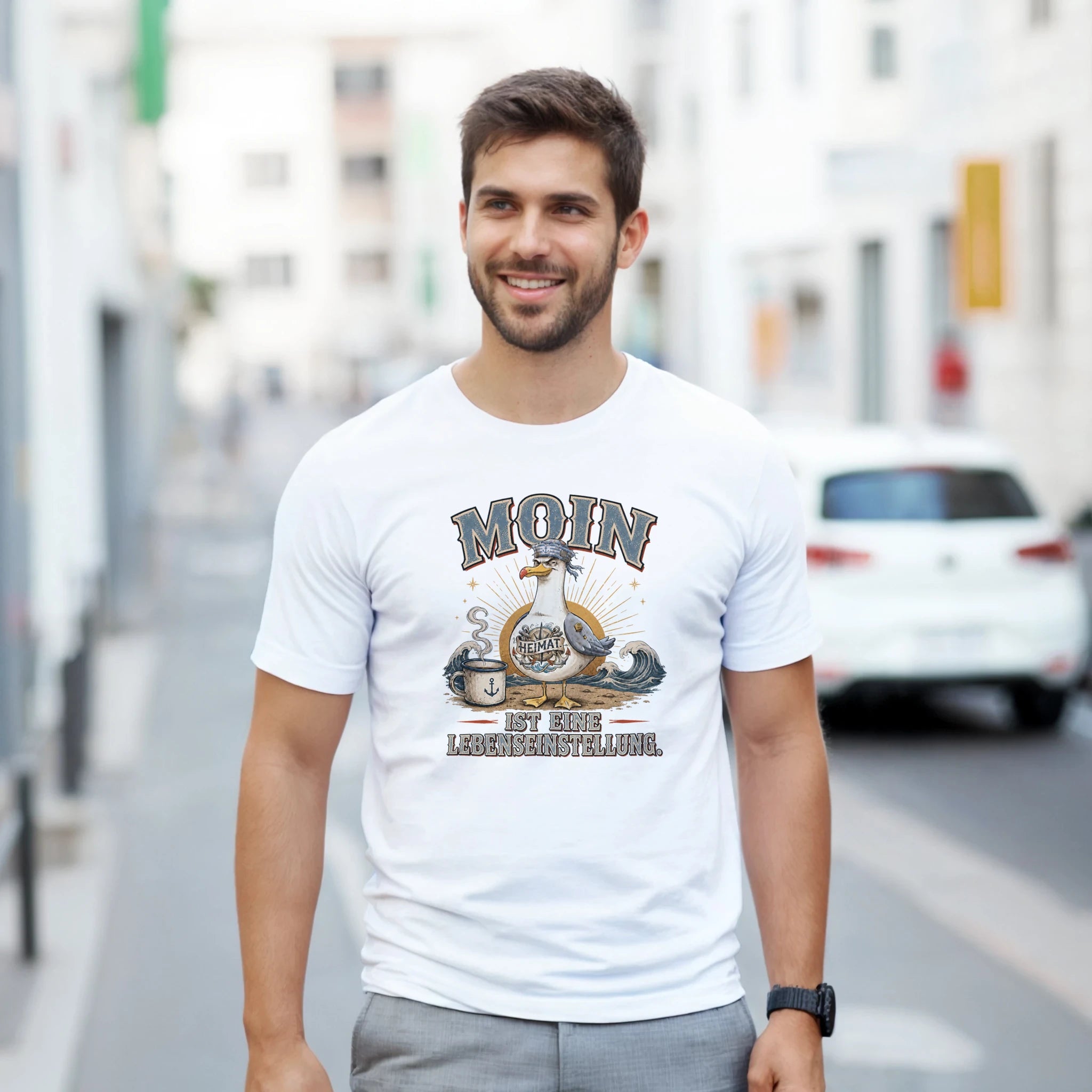T-Shirt in Sand mit Motiv „Moin ist eine Lebenseinstellung“
