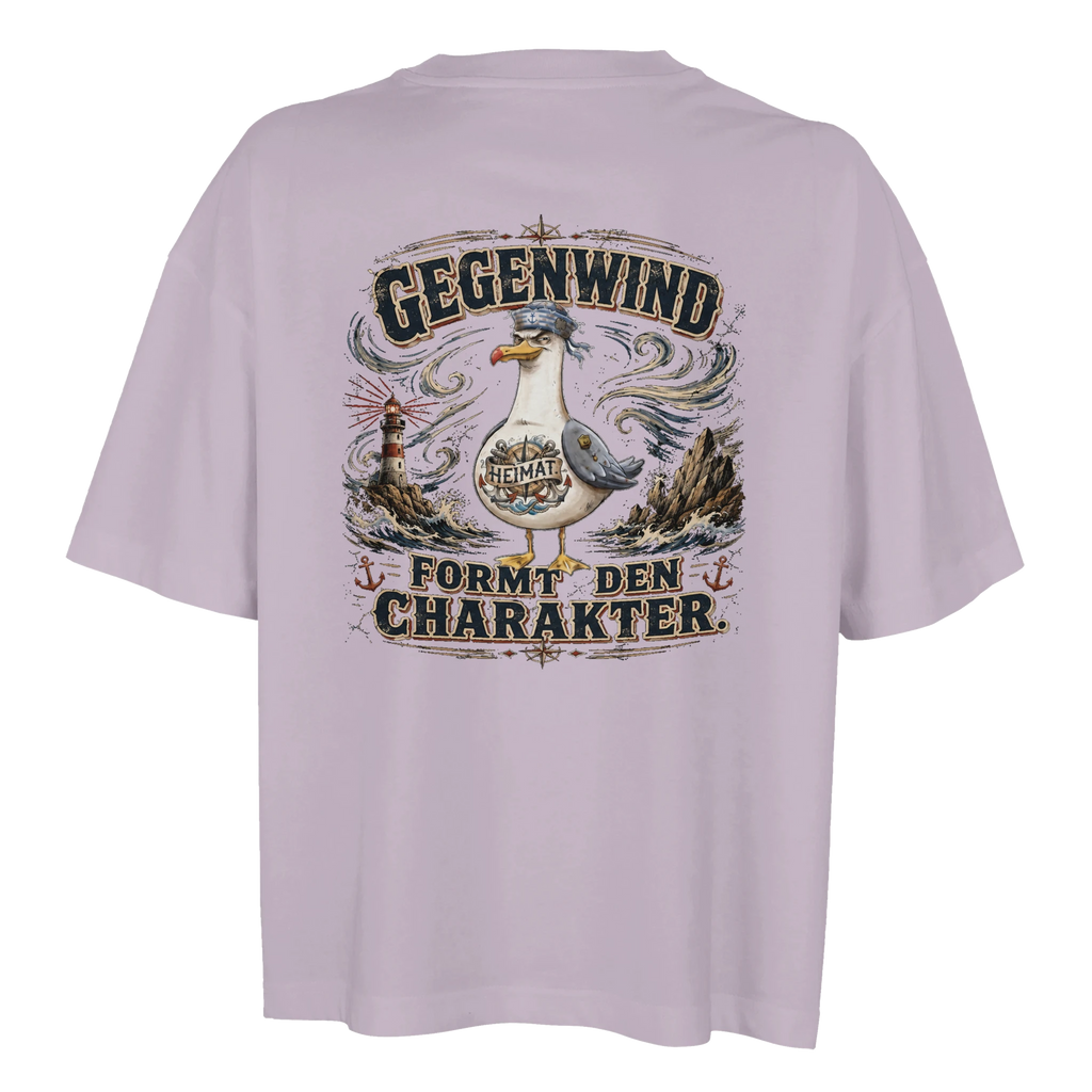 Damen-T-Shirt in Weiß mit Motiv „Gegenwind formt den Charakter“