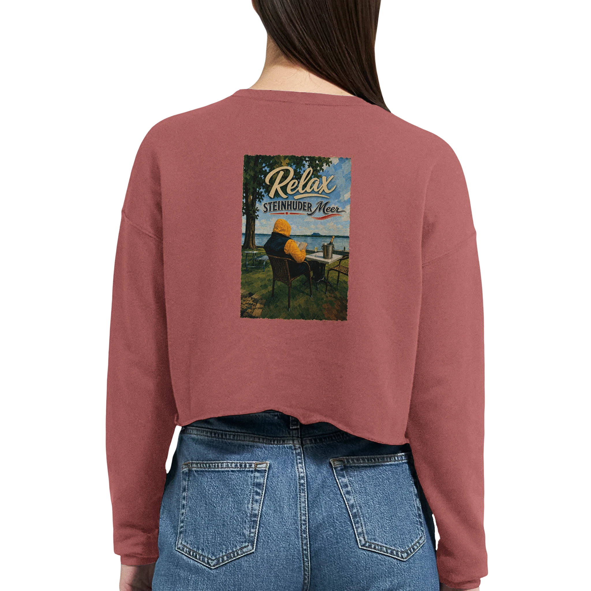 Damen-Pullover in Staubblau mit Motiv „Relax und Champagner“