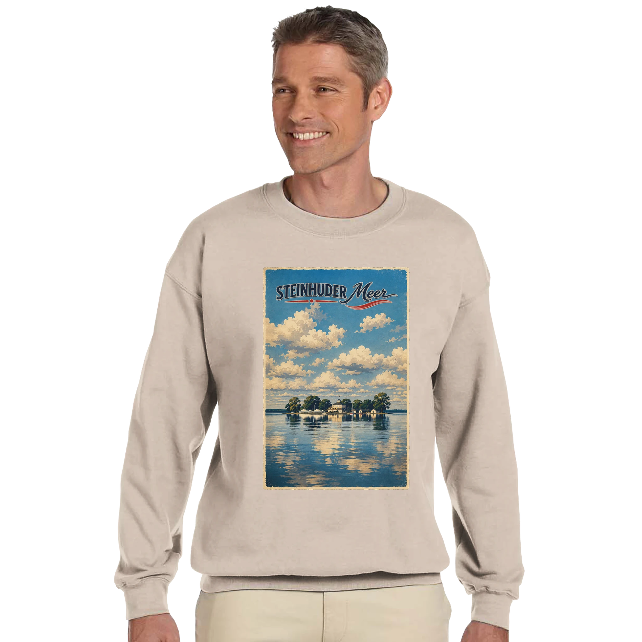 Pullover in Aschgrau mit Motiv „Wilhelmstein im Steinhuder Meer“