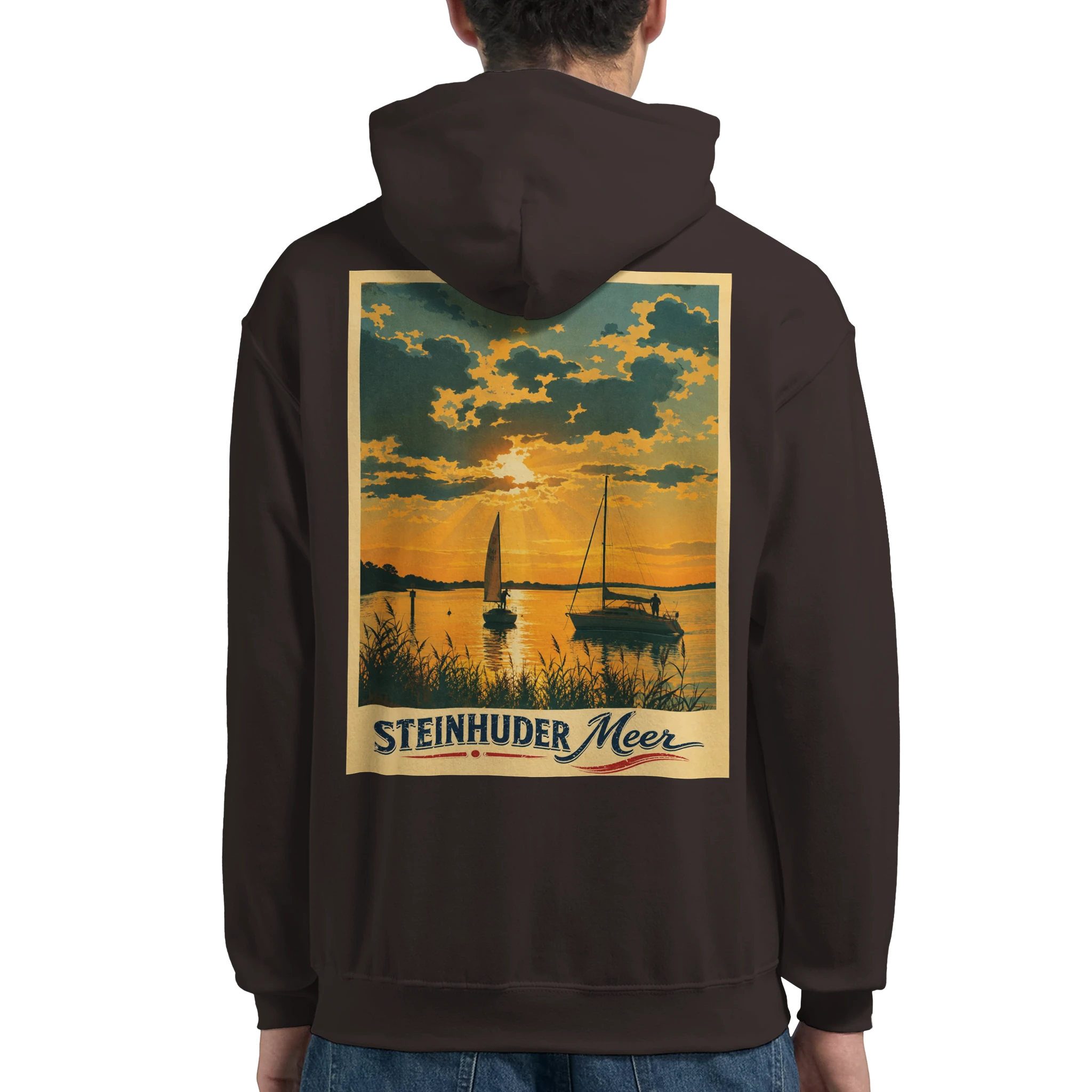 Hoodie in Aschgrau mit Motiv „Segler am Steinhuder Meer beim Sunset“