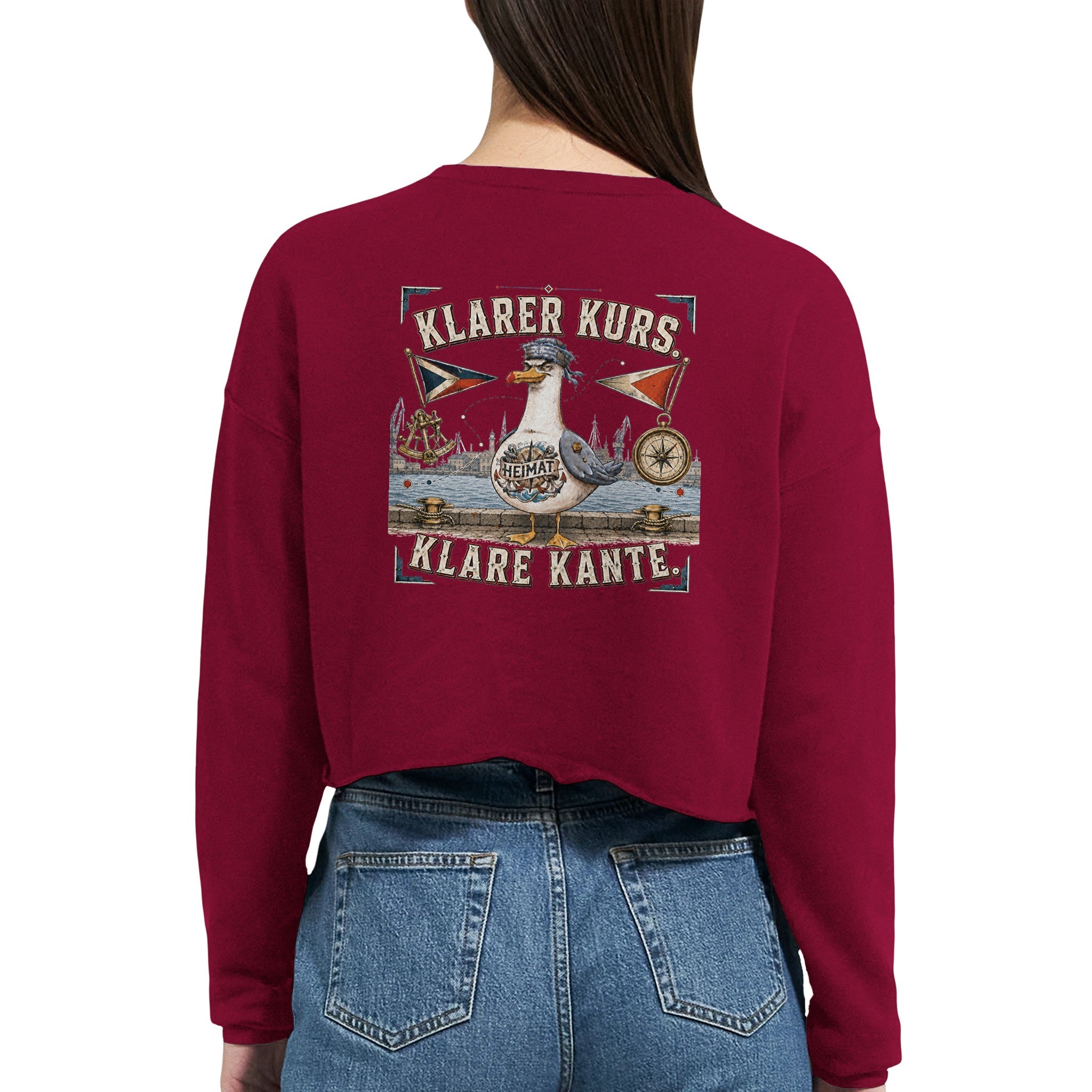 Damen-Pullover in Staubblau mit Motiv „Klarer Kurs. Klare Kante. Möwe“