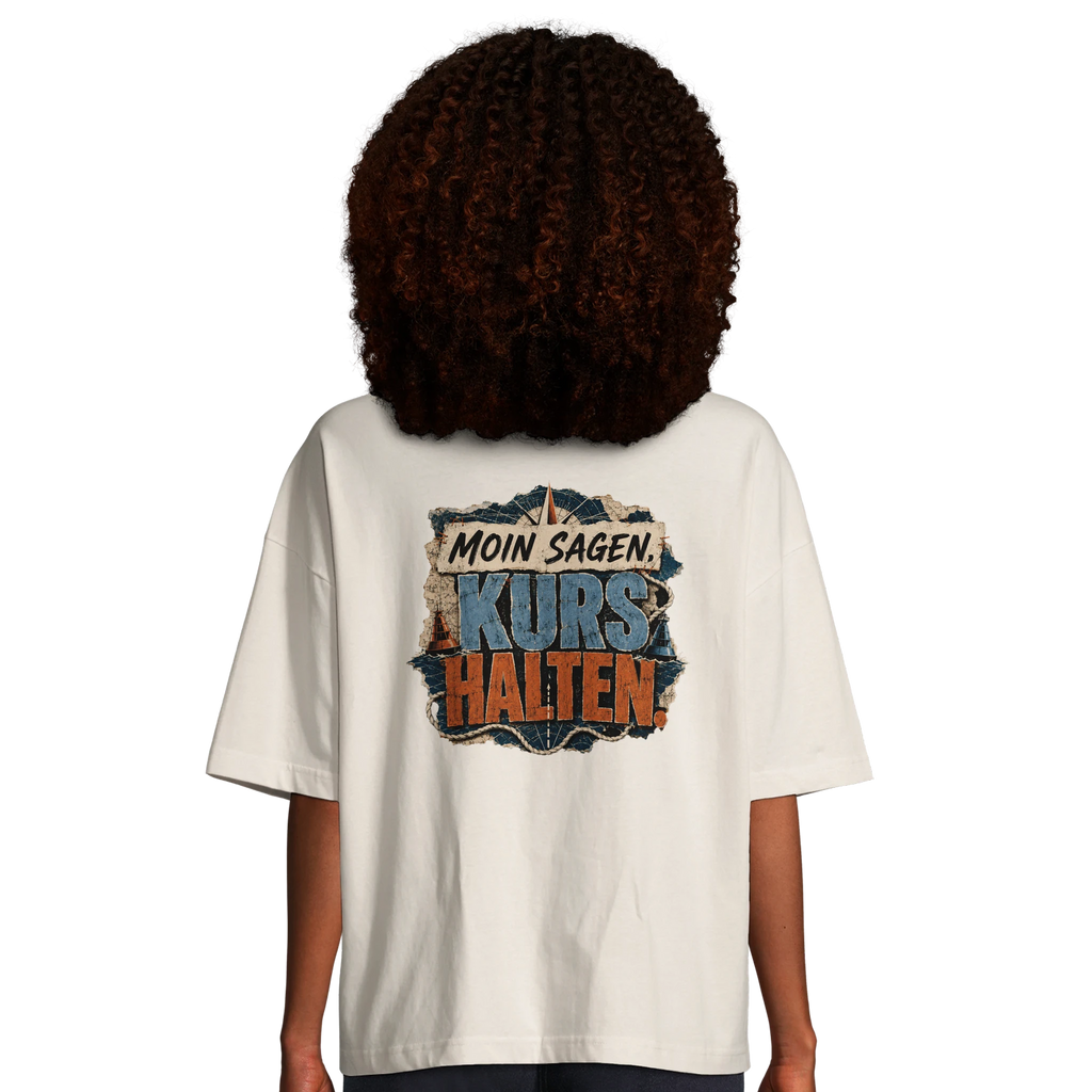 Damen-T-Shirt in Hellgelb mit Motiv „Moin sagen. Kurs halten.“