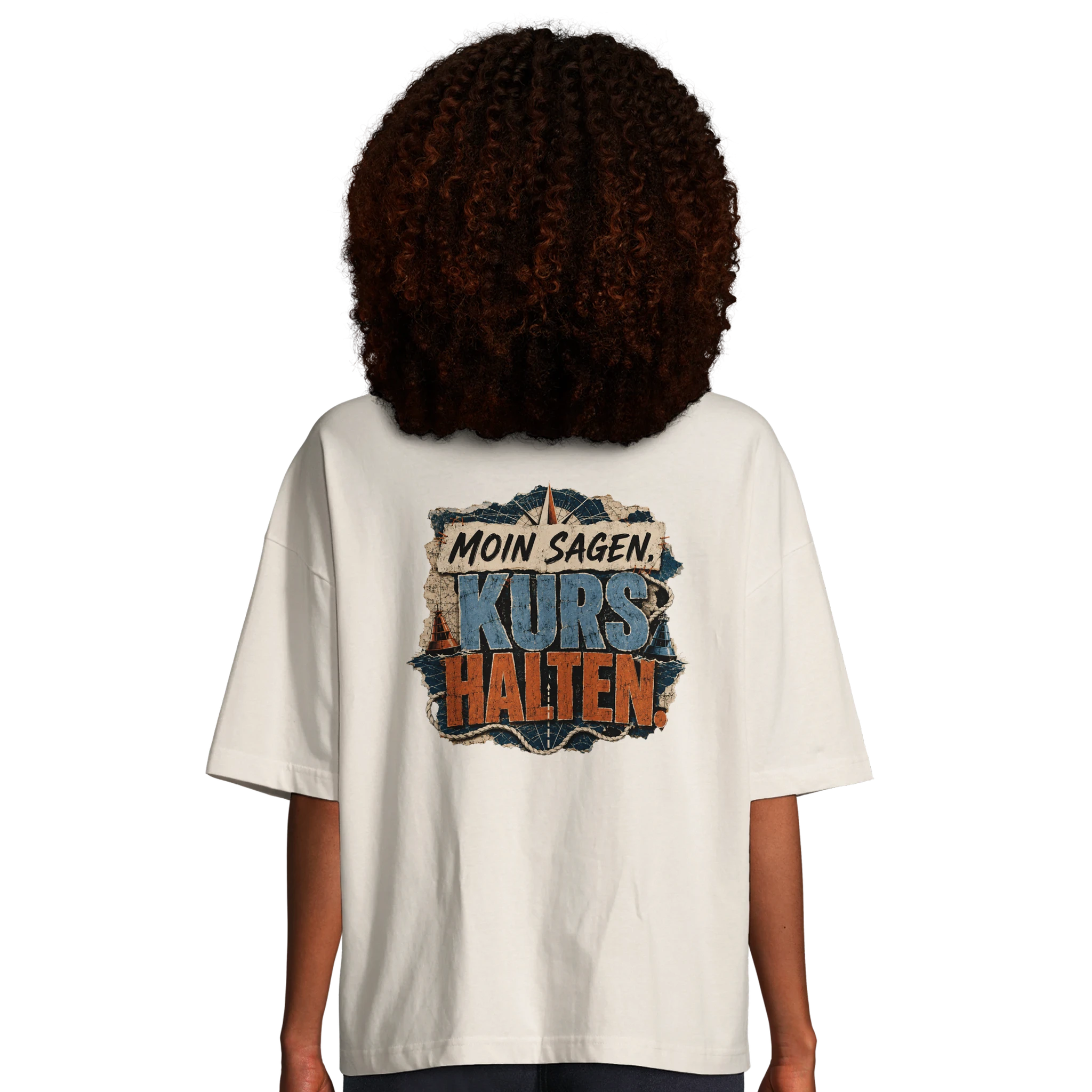 Damen-T-Shirt in Hellgelb mit Motiv „Moin sagen. Kurs halten.“