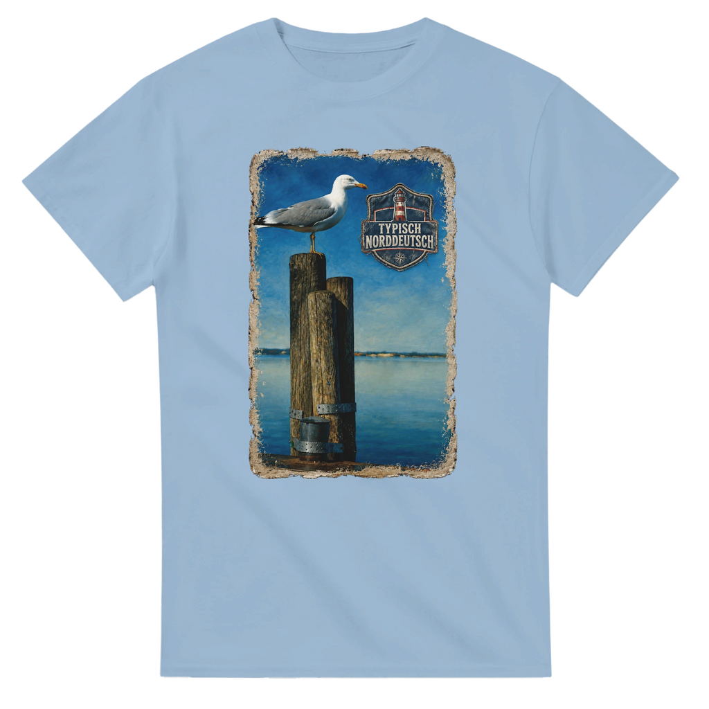 T-Shirt in Weiß mit Motiv „Möwe auf Poller“