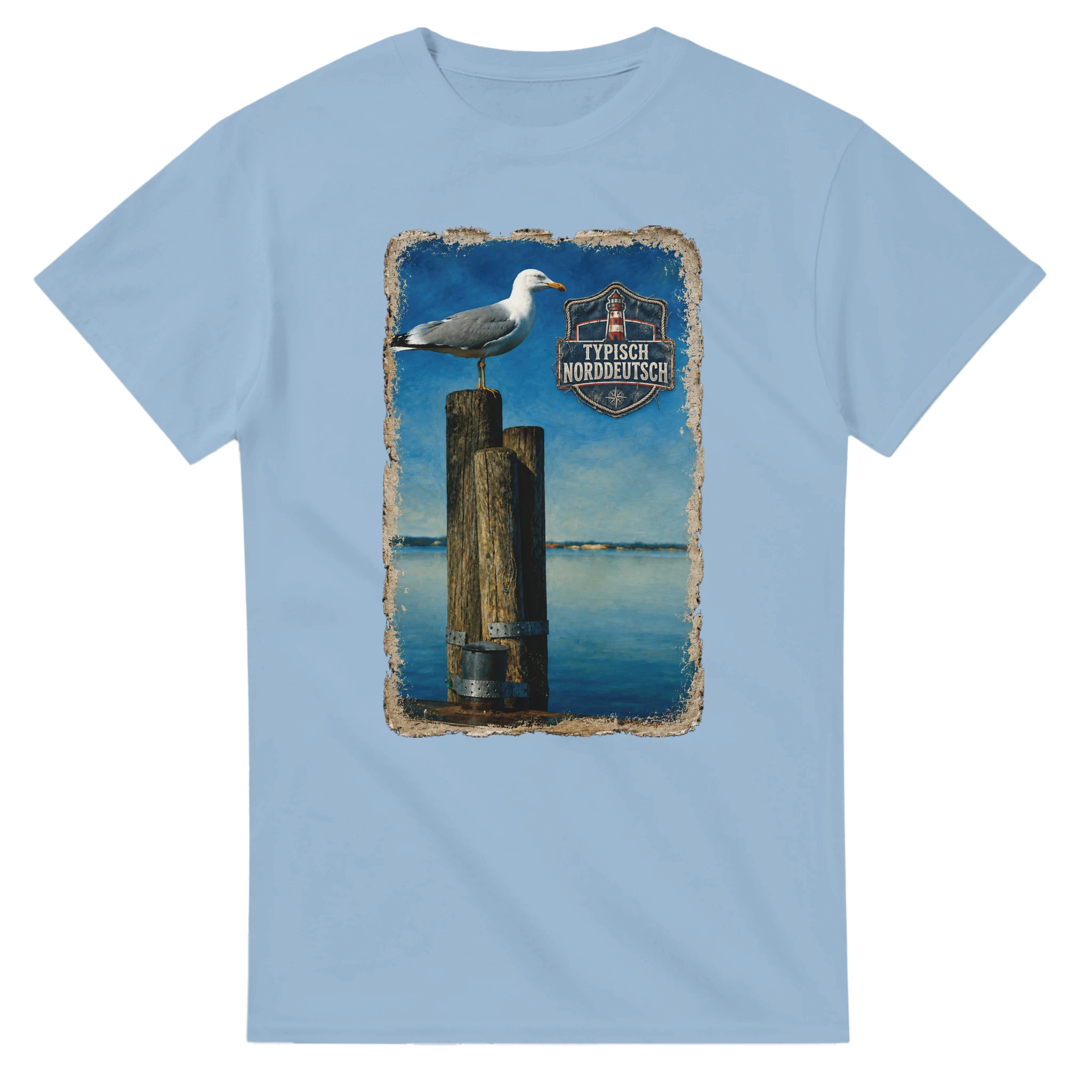 T-Shirt in Weiß mit Motiv „Möwe auf Poller“