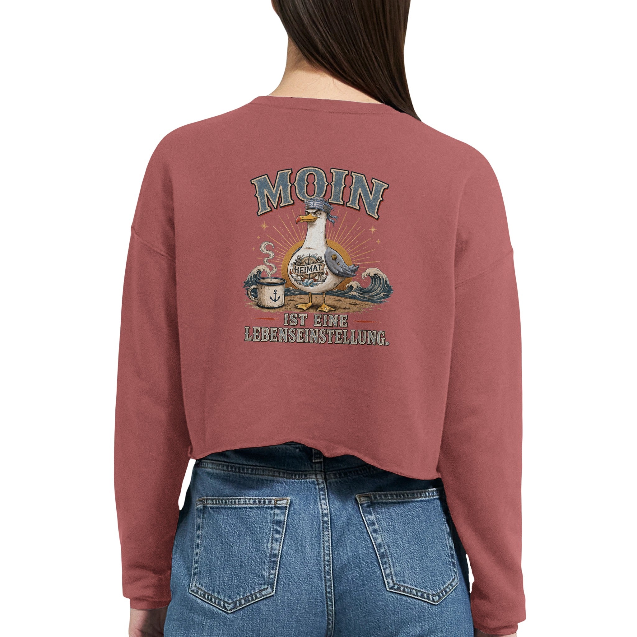 Damen-Pullover in Staubblau mit Motiv „Moin ist eine Lebenseinstellung Möwe“