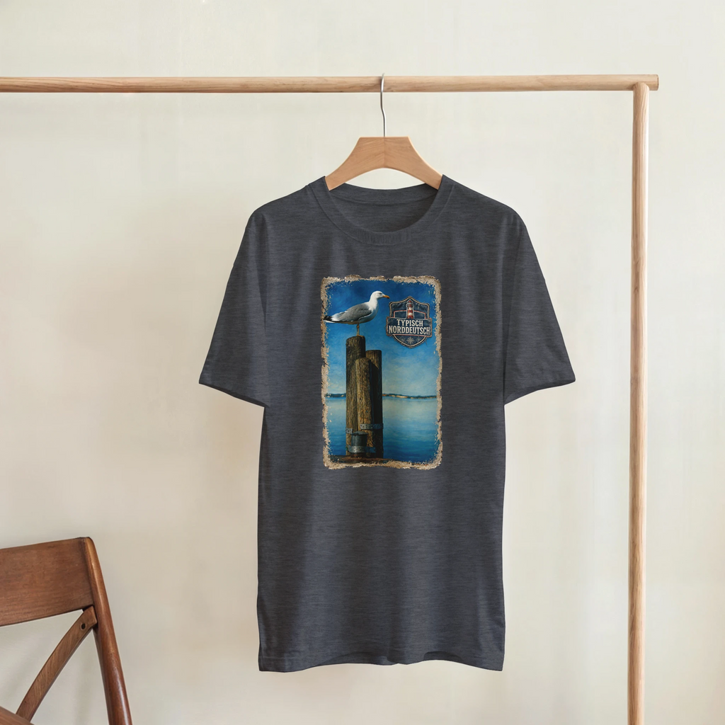 T-Shirt in Natur mit Motiv „Möwe auf Poller“