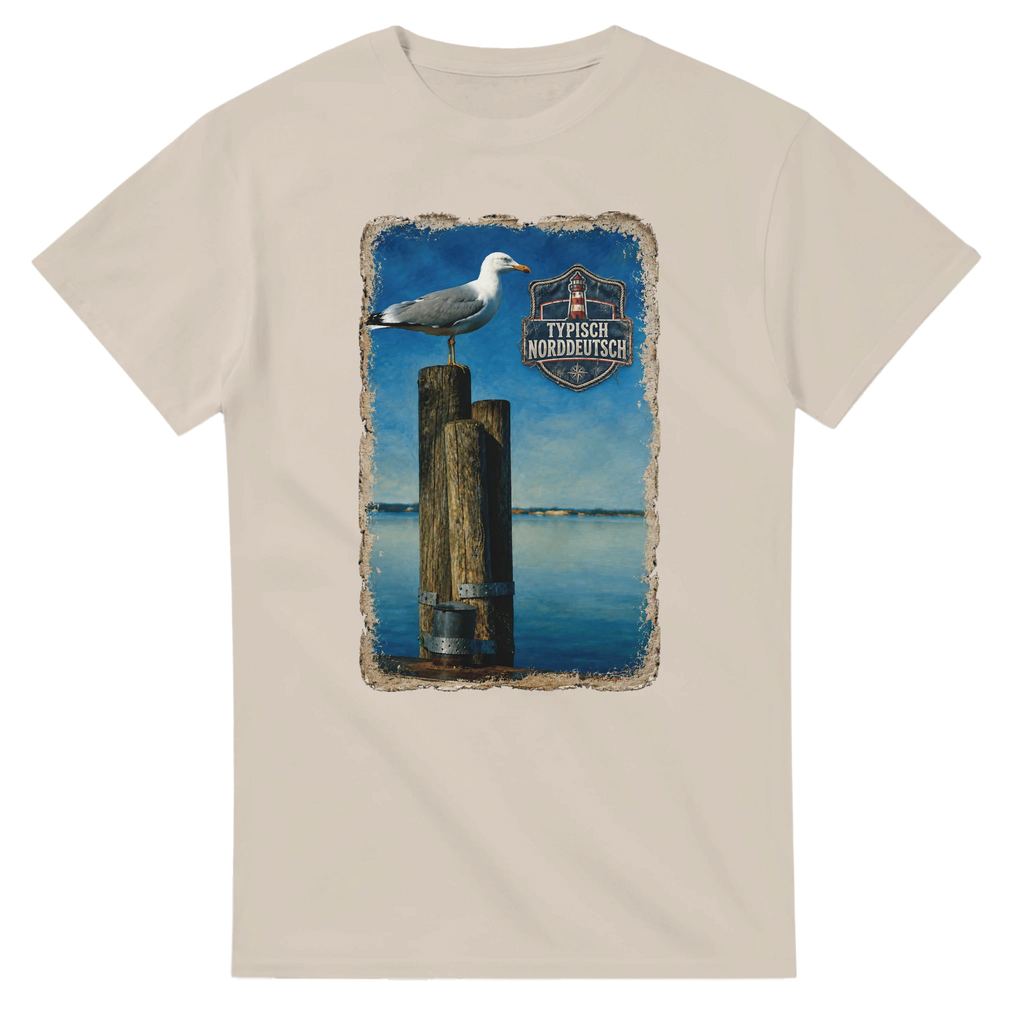 T-Shirt in Weiß mit Motiv „Möwe auf Poller“