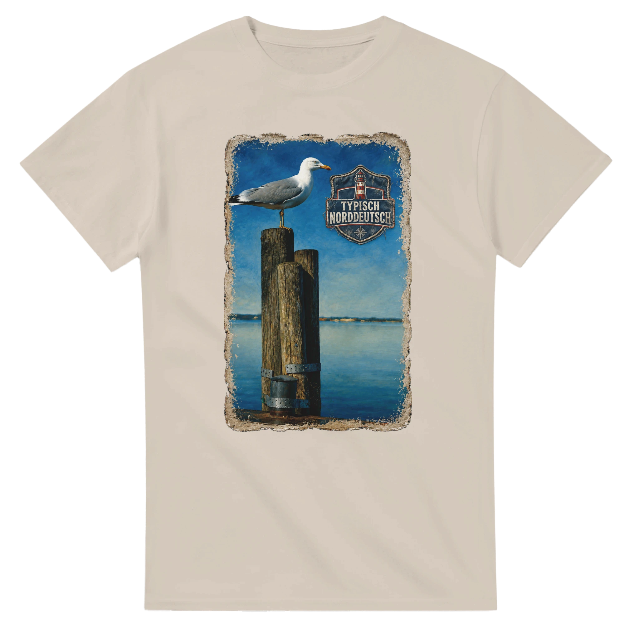 T-Shirt in Weiß mit Motiv „Möwe auf Poller“