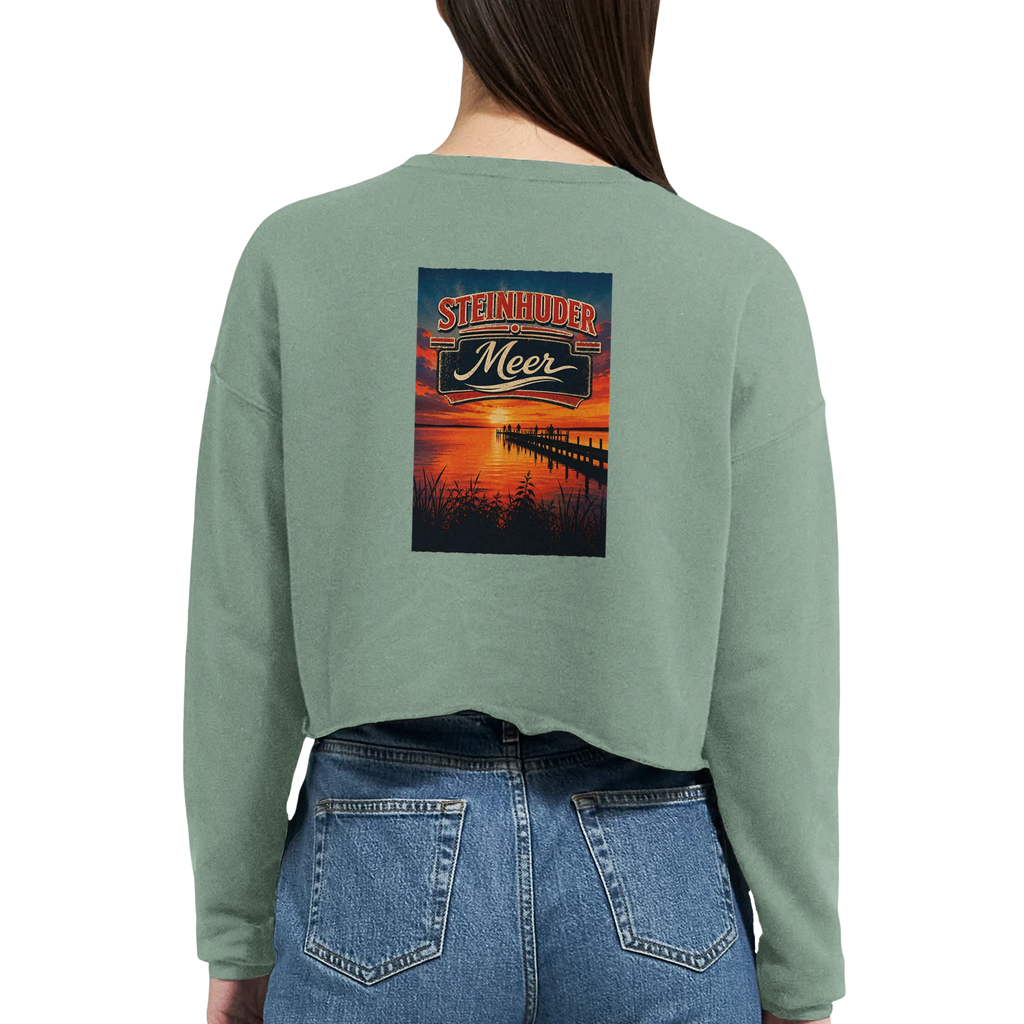 Damen-Pullover in Staubblau mit Motiv „Sunset Ratskeller Steg am Steinhuder Meer“