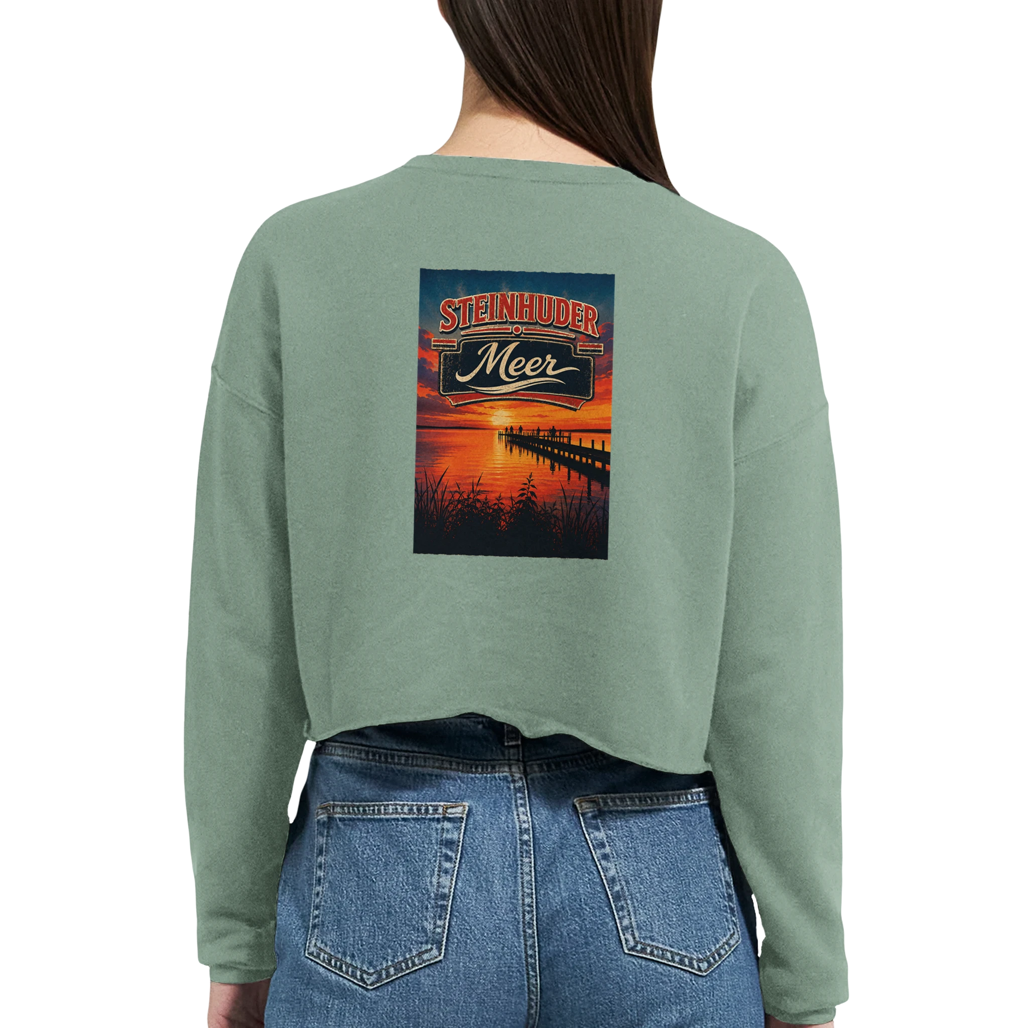 Damen-Pullover in Staubblau mit Motiv „Sunset Ratskeller Steg am Steinhuder Meer“