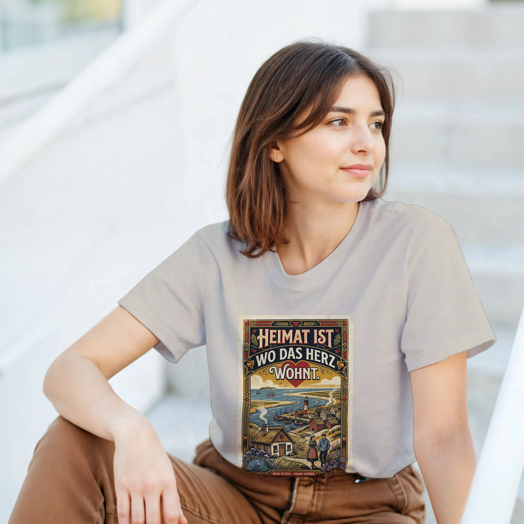 T-Shirt in Natur mit Motiv „Heimat ist, wo das Herz wohnt“
