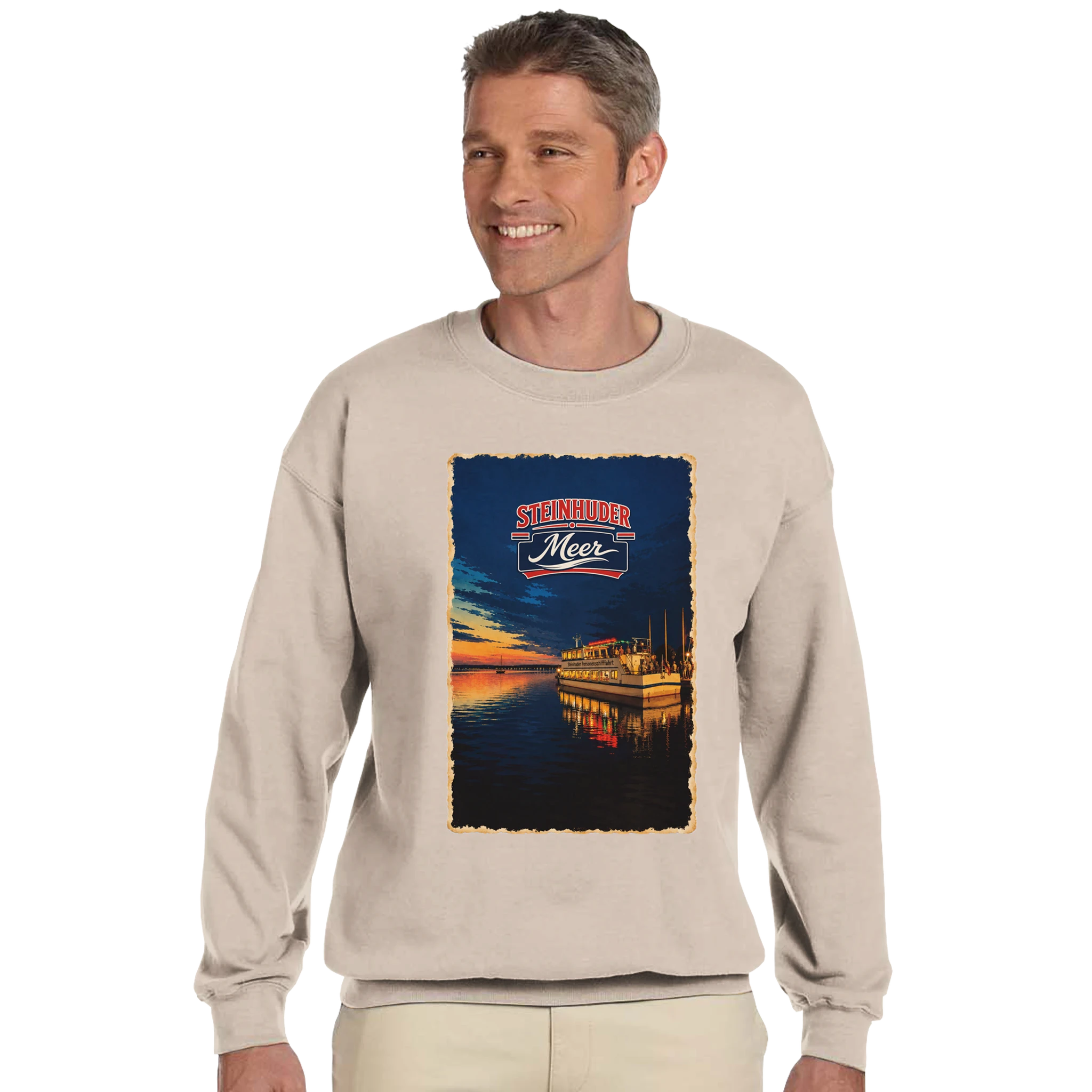 Pullover in Aschgrau mit Motiv „MS Steinhude Abendstimmung“