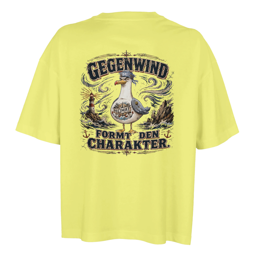 Damen-T-Shirt in Weiß mit Motiv „Gegenwind formt den Charakter“