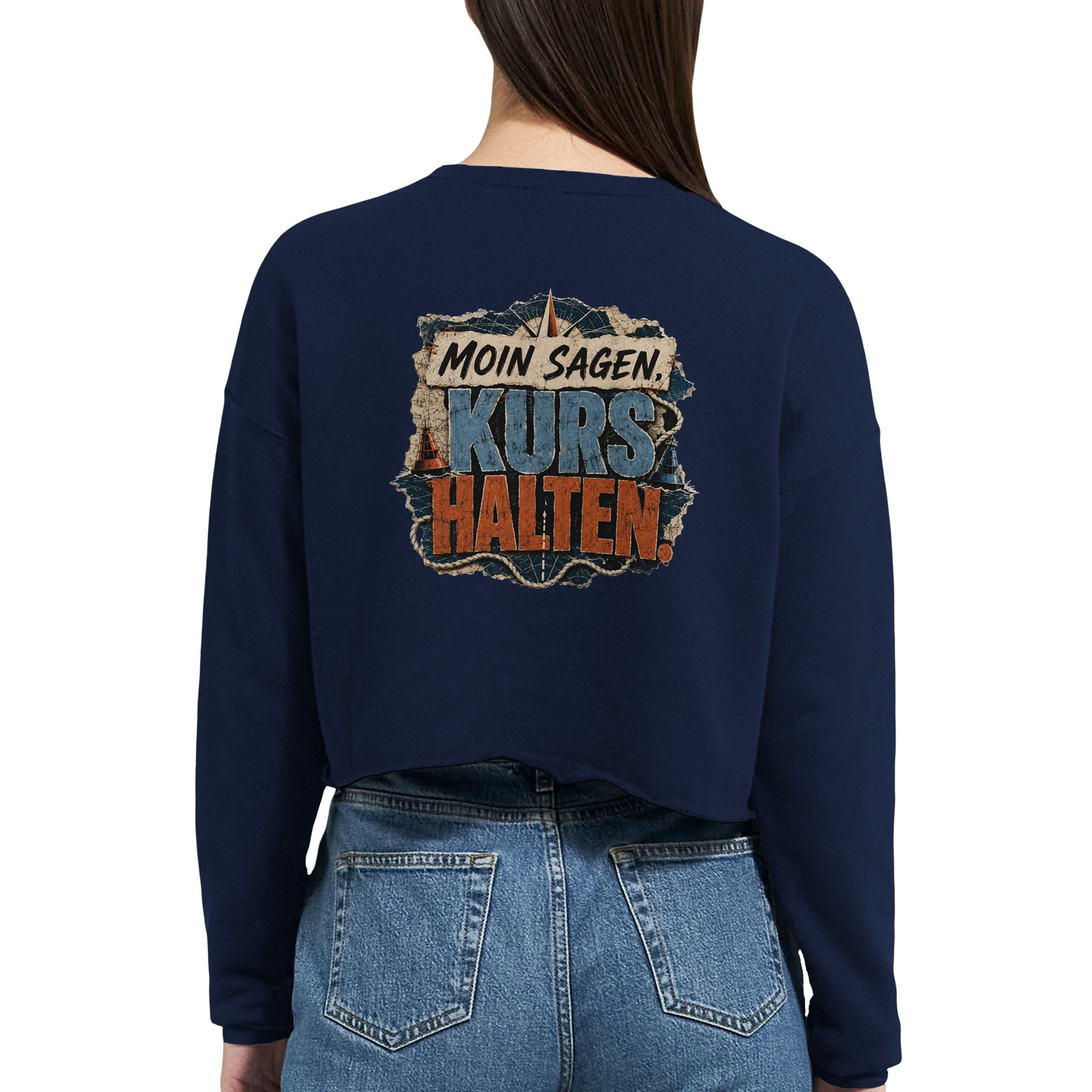 Damen-Pullover in Staubblau mit Motiv „Moin sagen. Kurs halten.“